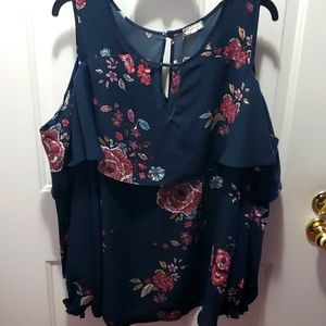 Navy Floral Cutout Blouse